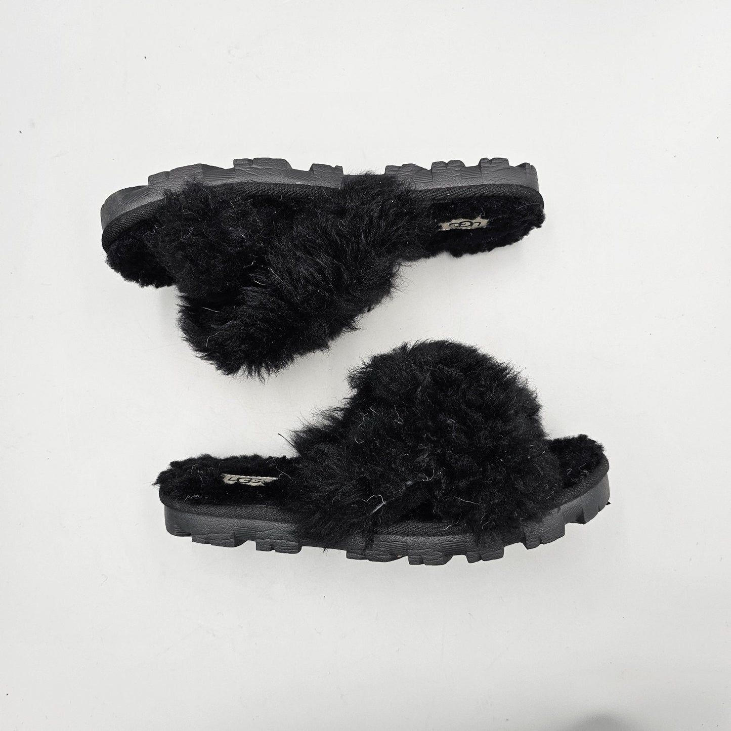 Ugg Women's Size 6 US VGC Sugar Cross Black Wool & Faux Fur Fuzzy Sandals