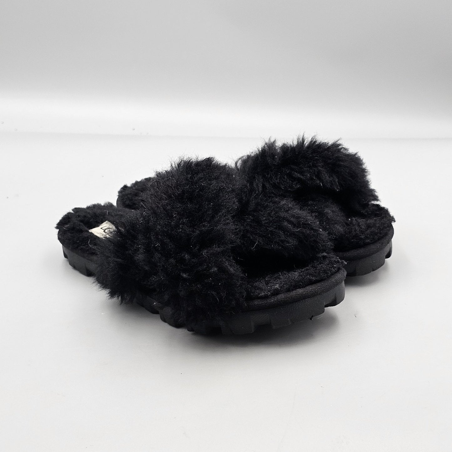Ugg Women's Size 6 US VGC Sugar Cross Black Wool & Faux Fur Fuzzy Sandals