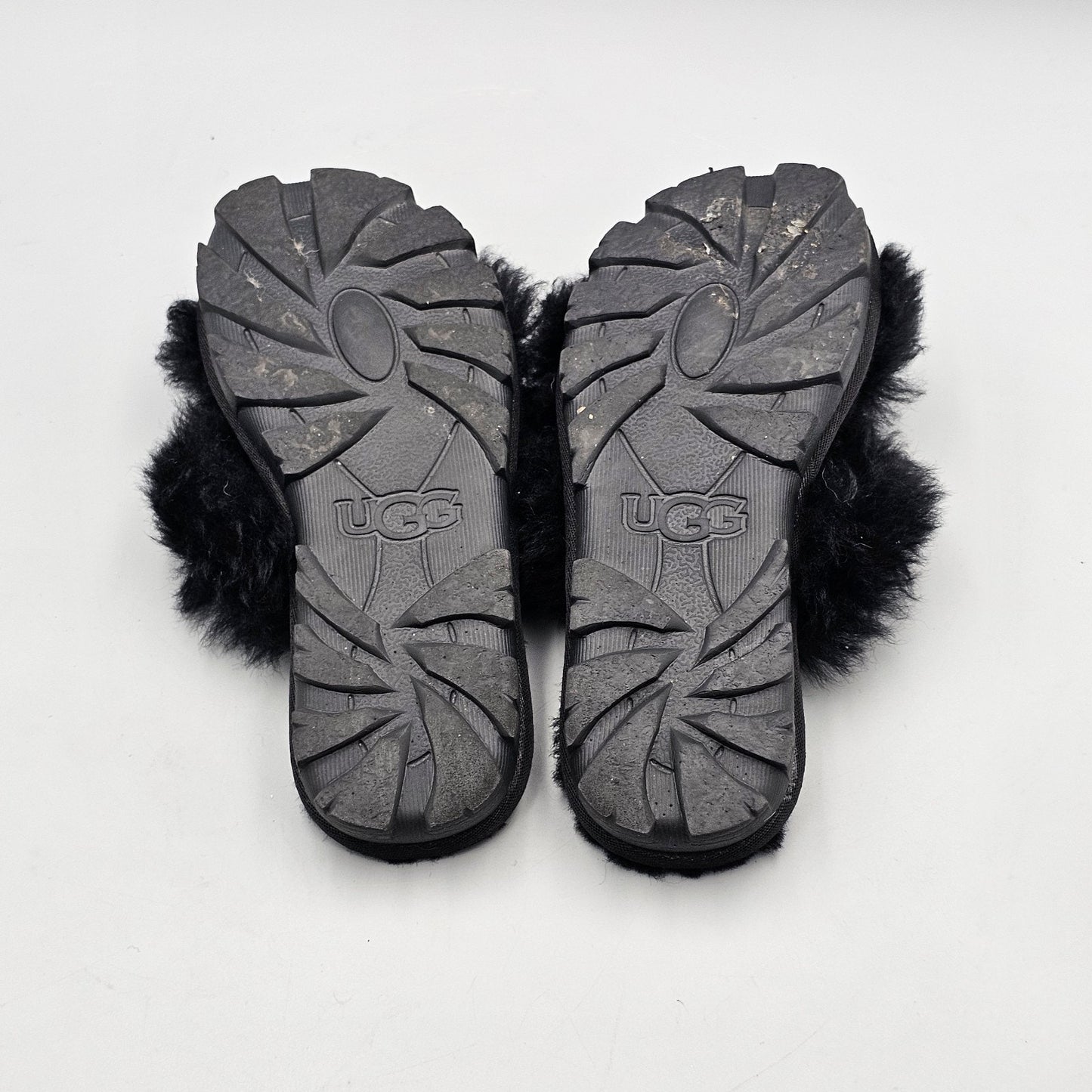 Ugg Women's Size 6 US VGC Sugar Cross Black Wool & Faux Fur Fuzzy Sandals