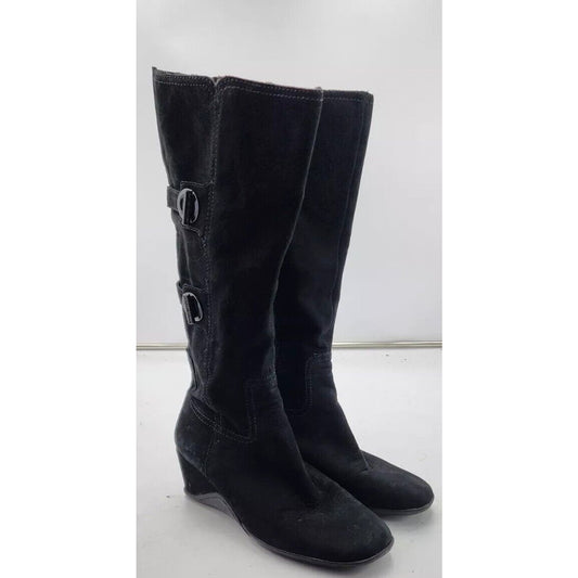 Antonio Melani Women's Size 8 M Black Suede Side Zip Wedge Heel Knee High Boots