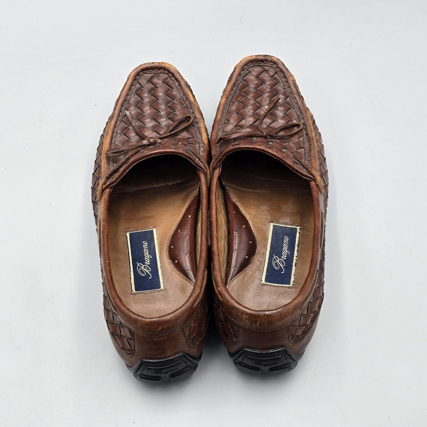 Bragano Men's Size 8 M Brown Leather Hand Woven Bowtie Driver Loafers Shoes