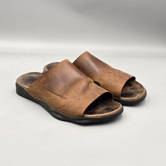 Polo Sport Ralph Lauren Men's Size 9 Wide Brown Leather Cork Bed Slides Sandals