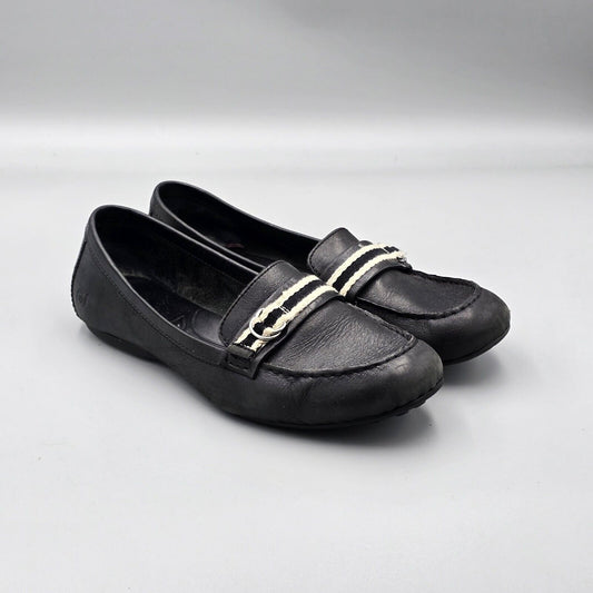 Born Womens Size 11 US Handcrafted Black Leather Beige Strap Loafers Flats Shoes