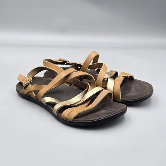 OLUKAI Awe Awe Women’s Size 9 US Brown Gold Stap Leather Buckle Strappy Sandals