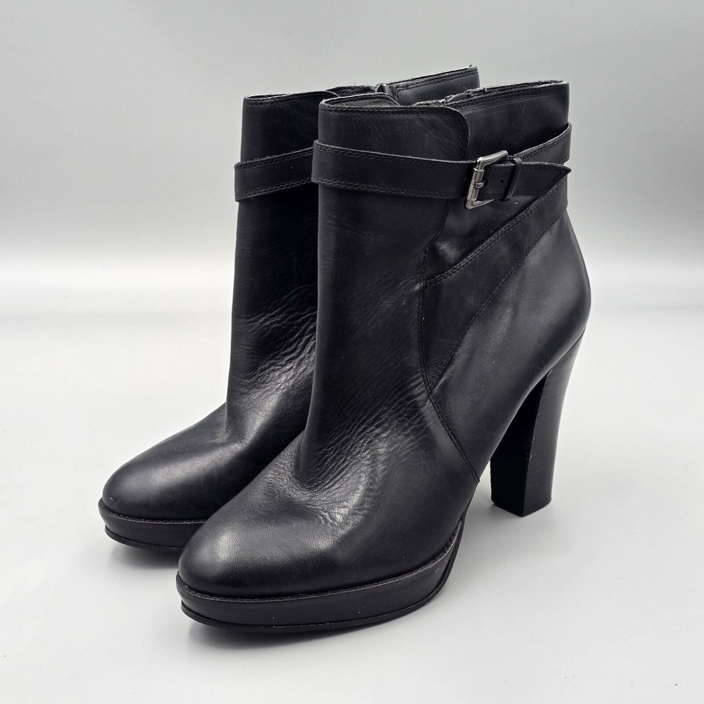 Arturo Chiang Women's Size 9.5 M Primo Black Leather Buckle Platform Heel Boots