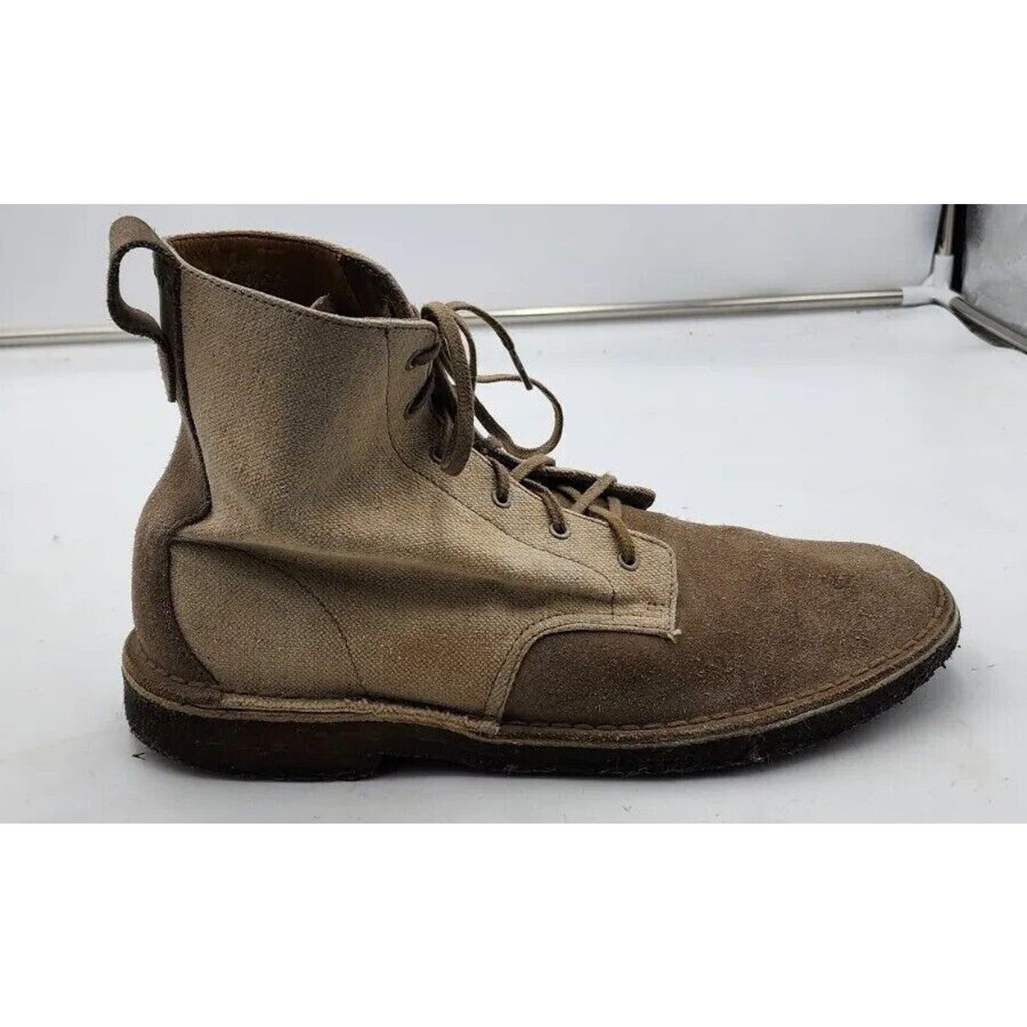 Clarks Charles F. Stead Crepe Sole Boots Tan Suede Beige Canvas Men's Size 10.5