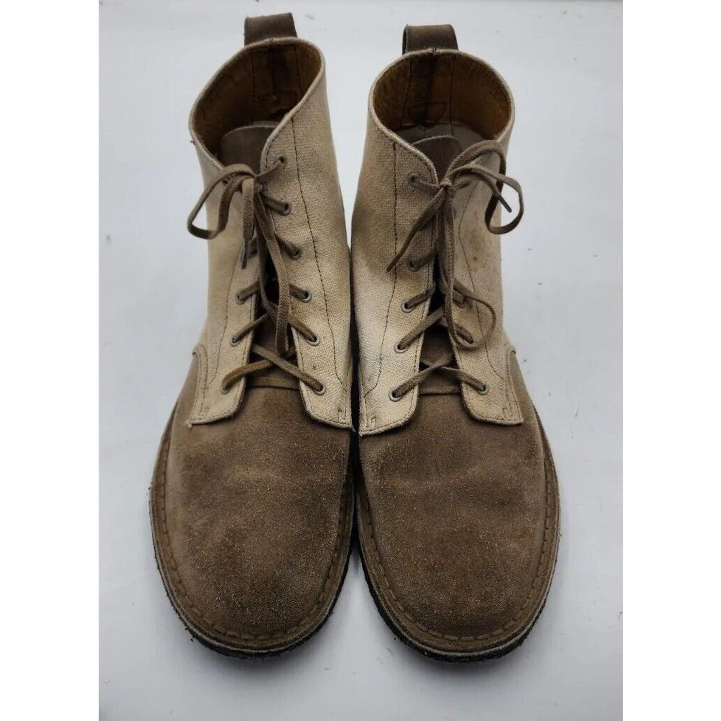 Clarks Charles F. Stead Crepe Sole Boots Tan Suede Beige Canvas Men's Size 10.5